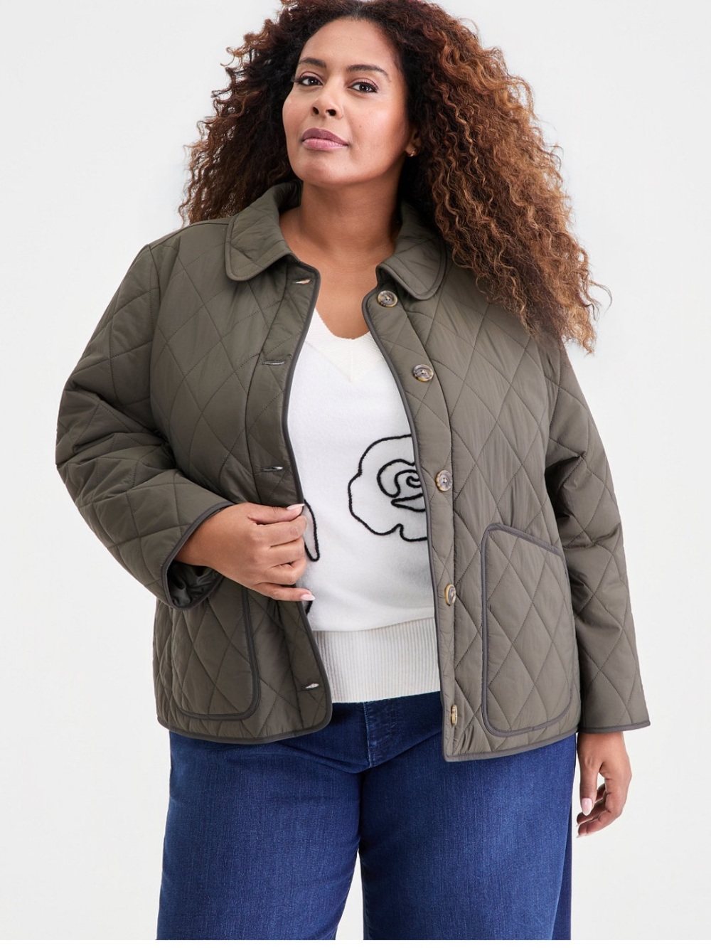 Plus Size Quilted Utility Jacket in Olive Green
